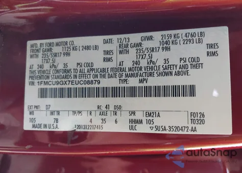 2014 Ford Escape Se из США, поврежденный, VIN 1FMCU9GX7EUC08879